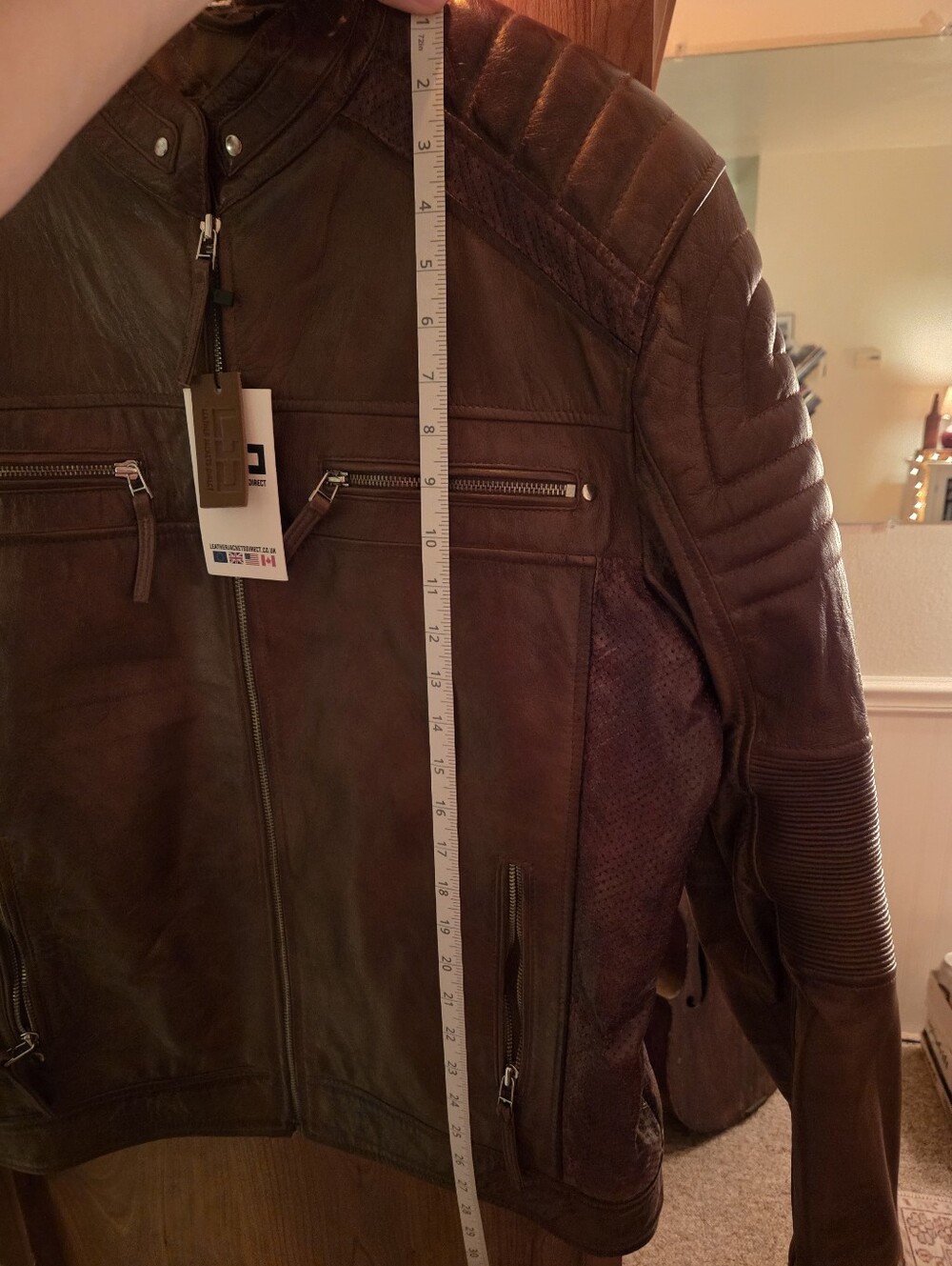 Men's Brown Leather Motorcycle Jacket - Classic Biker Style - Picture 12 of 13